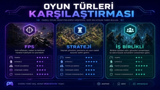 Slotime Oyun Türleri Karşılaştırması — FPS, Strateji, Kooperatif